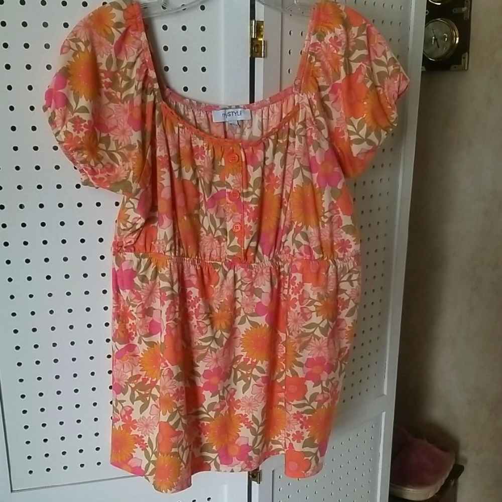 Floral Puff Sleeve Top - Orange and Pink
